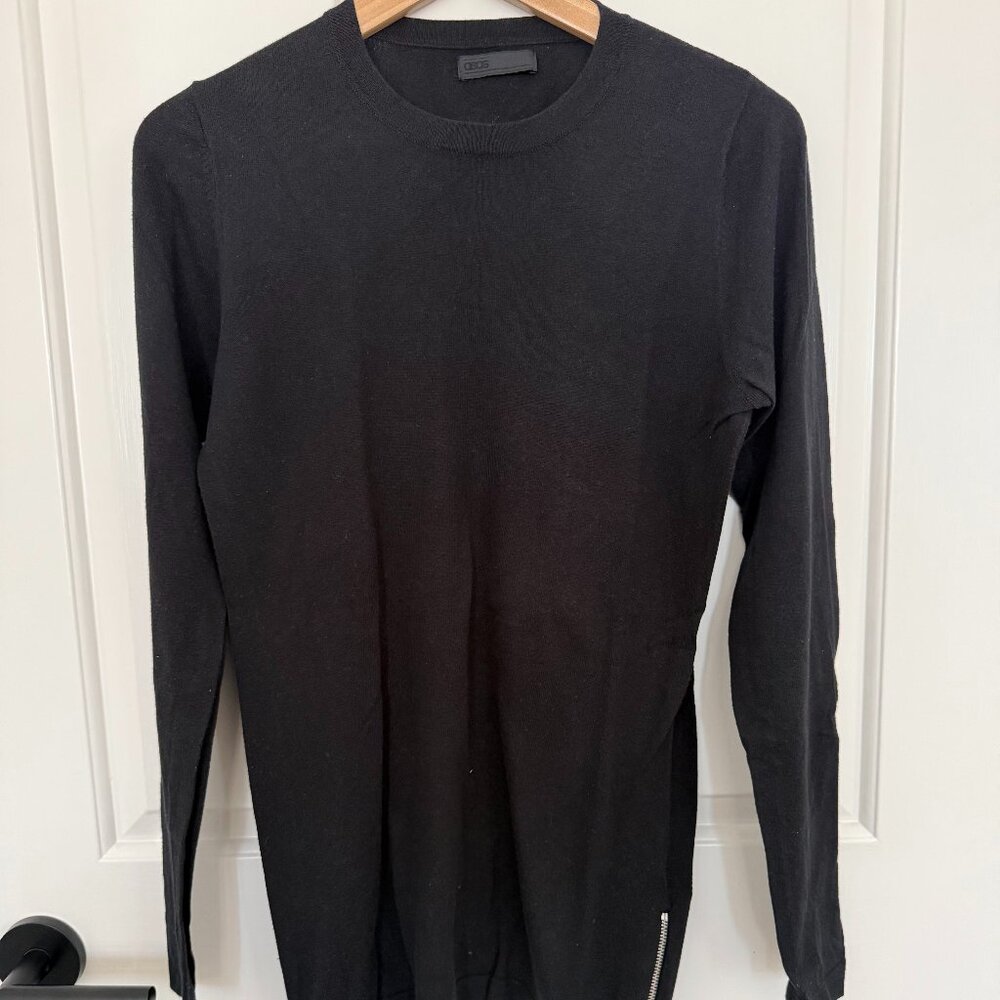 ASOS Black Lightweight Sweater – Side Zipper Details – Slim Fit – Size Small